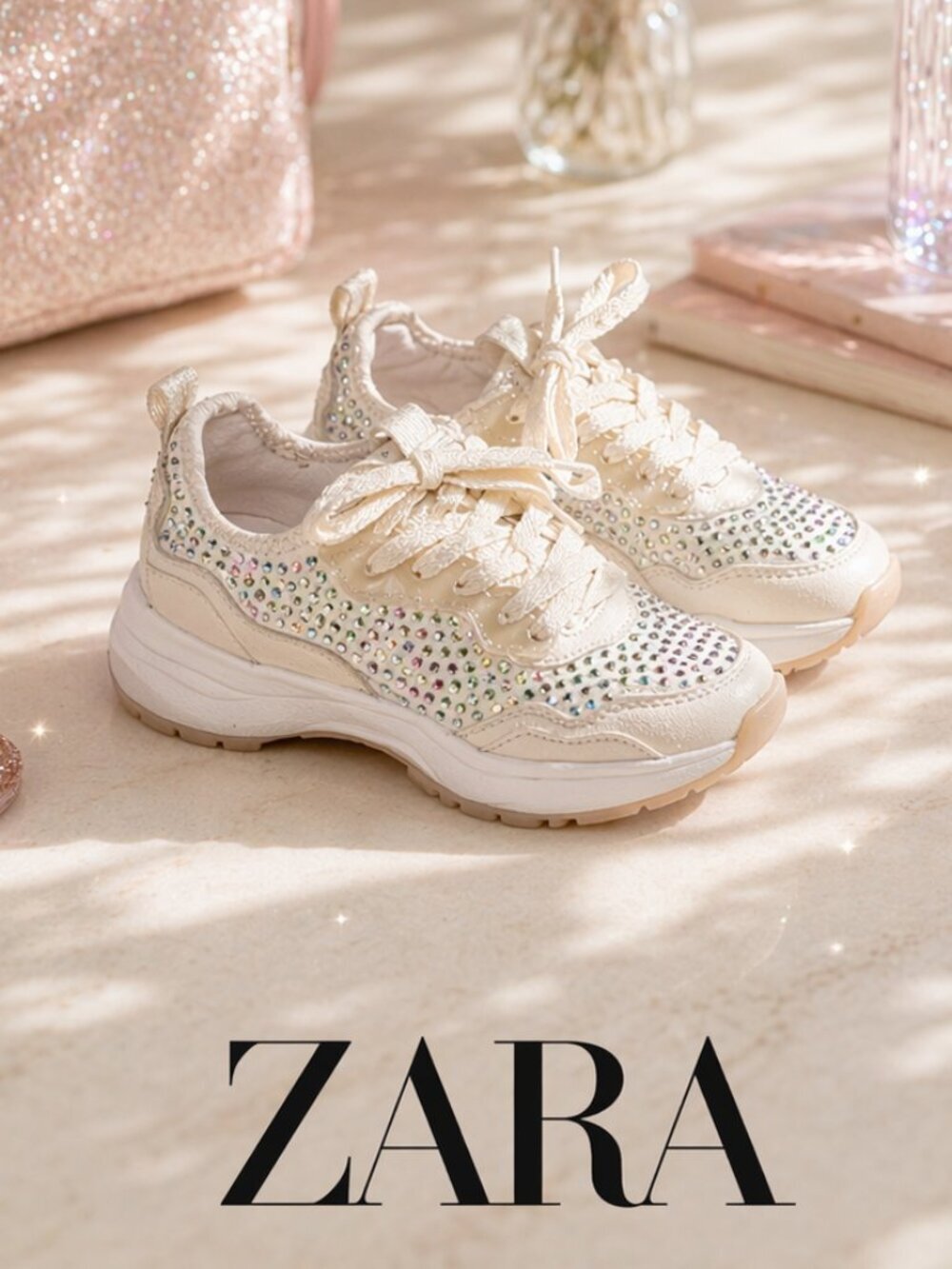 Zara Girls Beige Sparkly Lace-Up Sneakers Size 32 US 1 Running Shoes